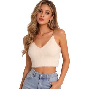 Cream Fuzzy Knit Crop Top Gold Chain Straps V-Neck Cami Camisole